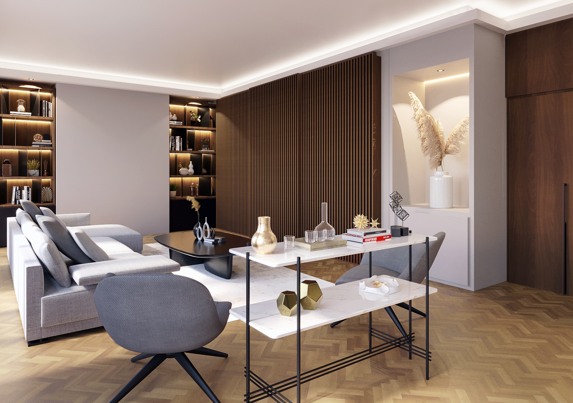 Vu 3d du salon, jeu de bois sur les murs